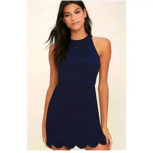 Lulu's Women's Navy Blue Dress Scallop Hem Halter Neck Size S